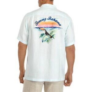 Tommy Bahama 100% Linen Toucan Sunset Button Down Hawaiin Shirt in Light Blue XL